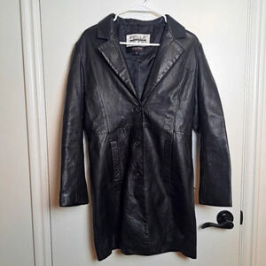 Vintage Women's Pelle Studio Wilsons Black Leather Long Button Up Jacket Size M